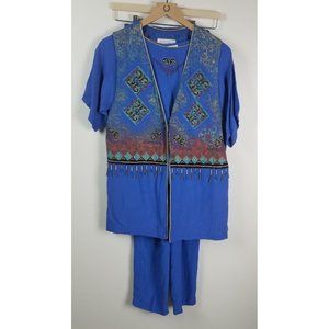 Vintage KK 88 Designs Women's PS Blue Crepe Boho 3 Piece Hand Painted Outfit